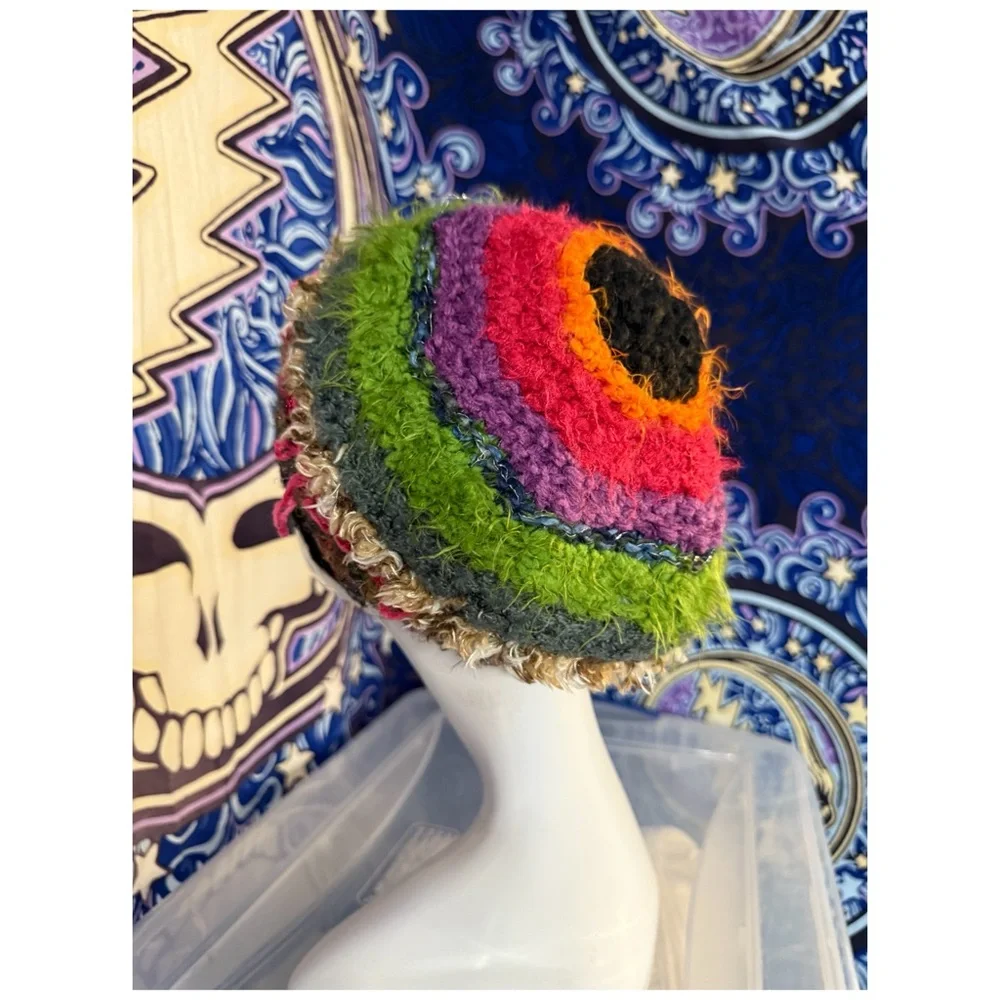 Handmade Crochet Bonnet Hat - Multicolor Textured Stripes‎